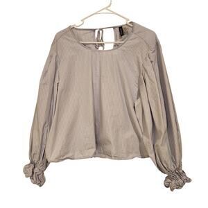 H&M Divided Blue Striped Long Puff Sleeve Tie-Detail Cotton Blouse Top Size XL